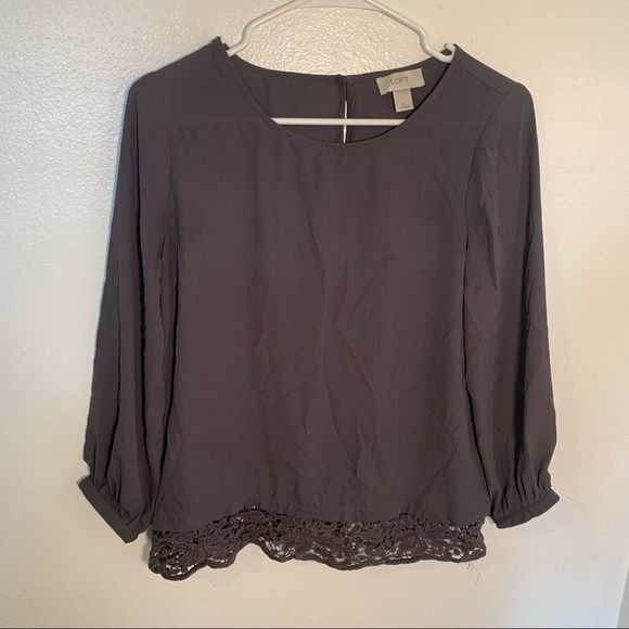 Loft 3/4 Sleeve Blouse Gray Crochet Hem - Picture 2 of 9